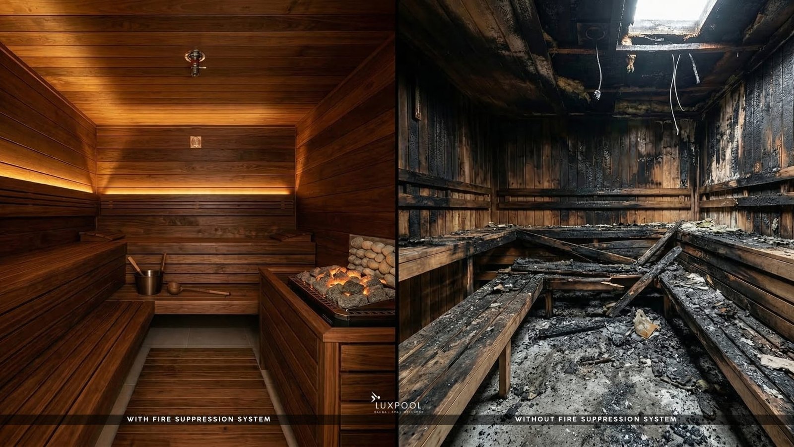 a image is showing a sauna on the both side on the one side the sauna is installed with a fire suppression system and other side its without fire suppression system and it is presented by luxpool