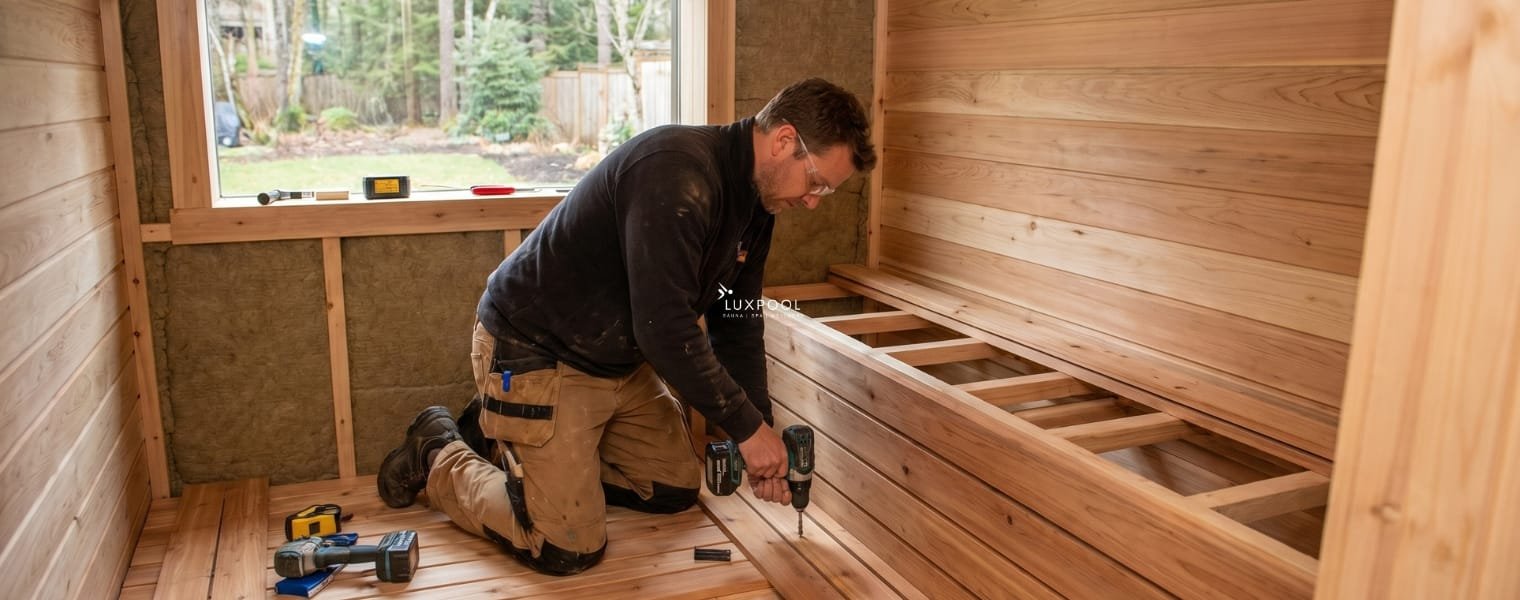 Luxpool worker installing and building a bespoke sauna on site
