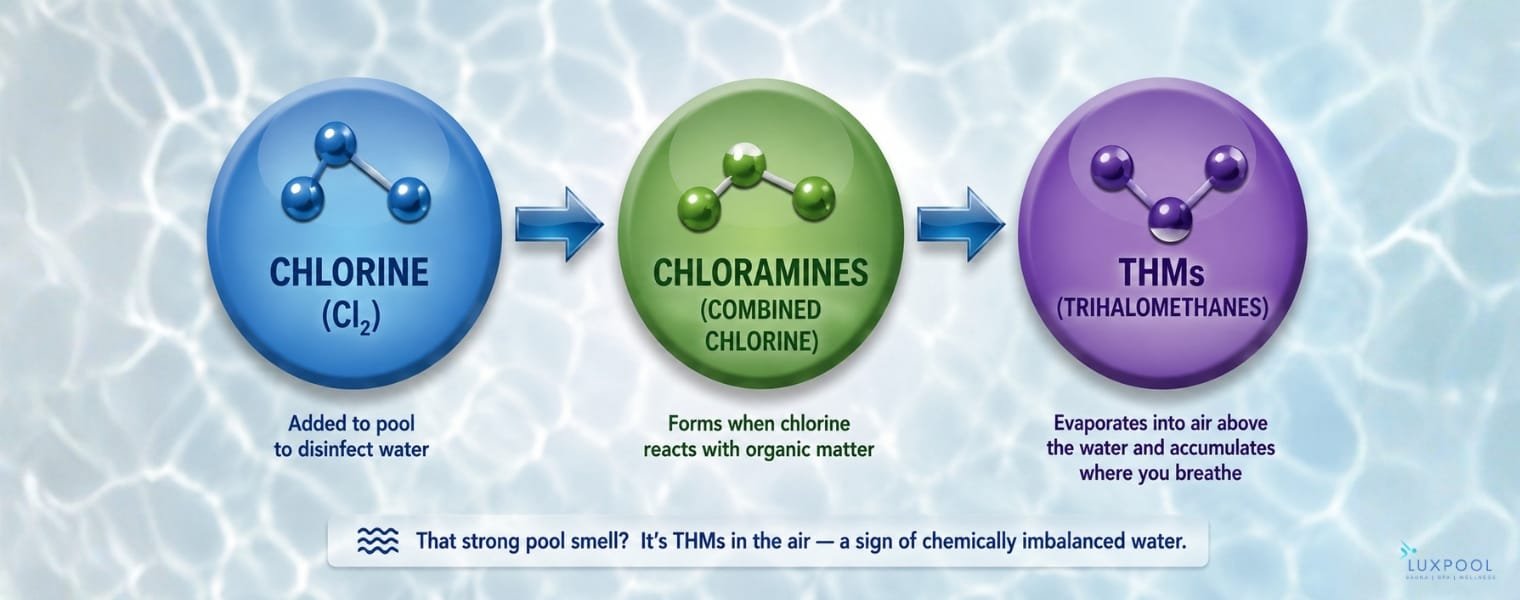 combined chlorine off gasses from the water surface, it transforms into trihalomethanes (THMs)